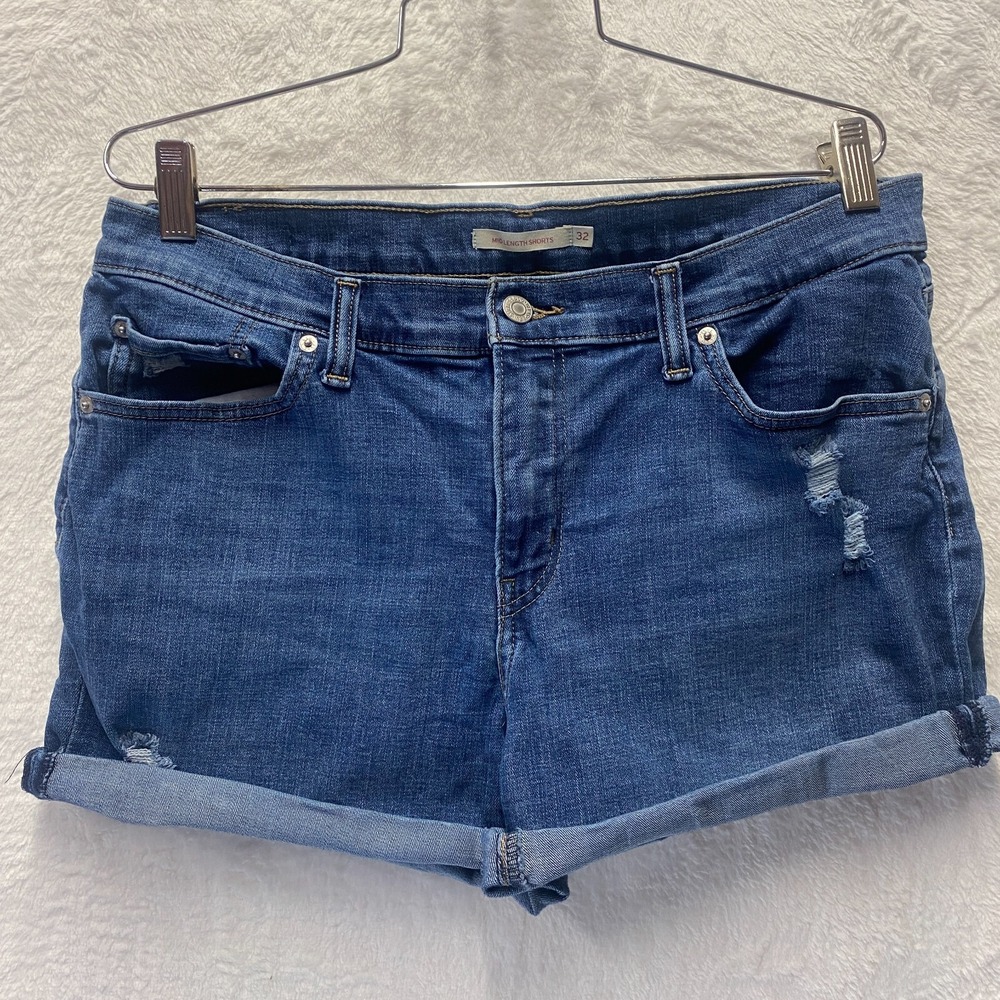 Levi's Mid Length Shorts Women's 32 Blue Denim Distressed Cuffed Hem Country